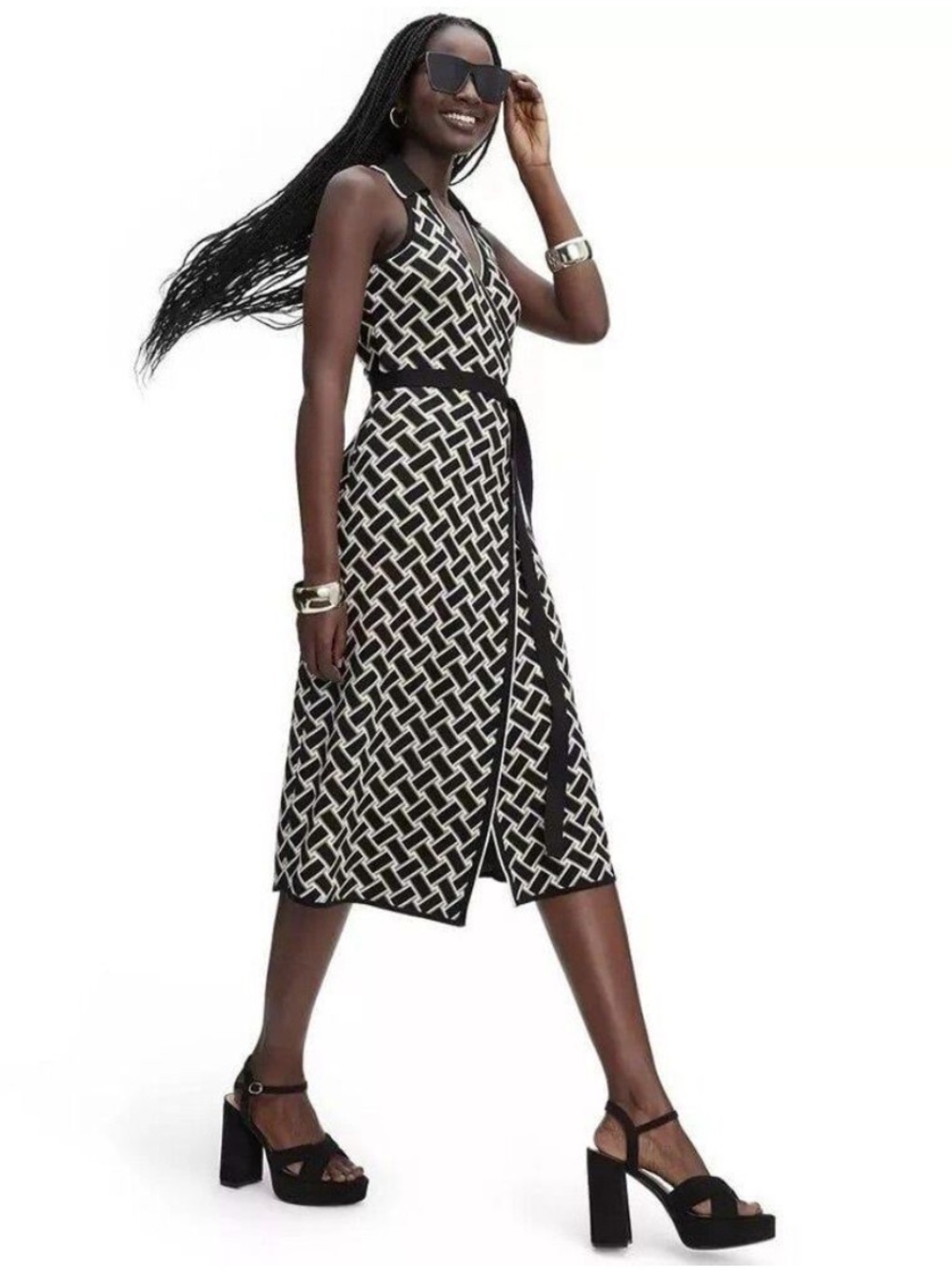 Diane Von Furstenberg For Target Black Cream Geometric Collared Wrap Midi Dress